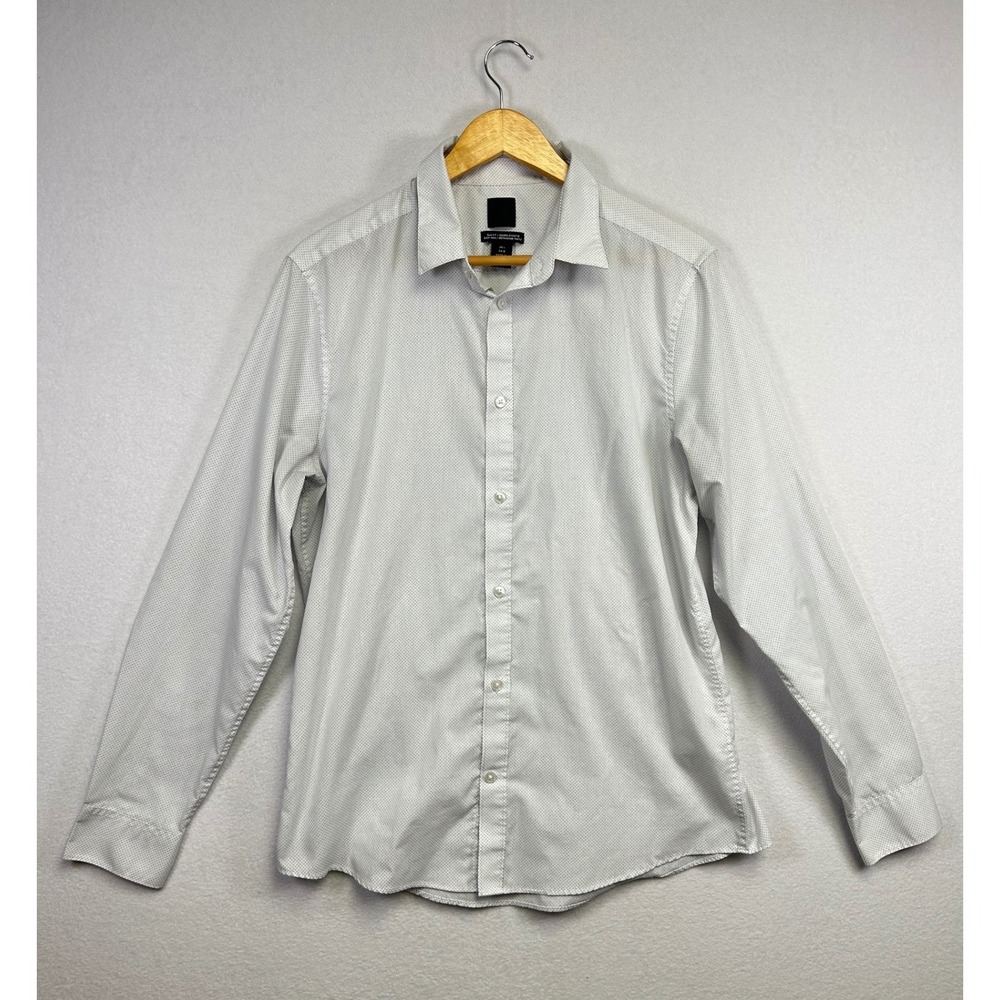 H M Slim Fit Easy Iron Dotted Dress Shirt Mens L White Long Sleeve Button Down
